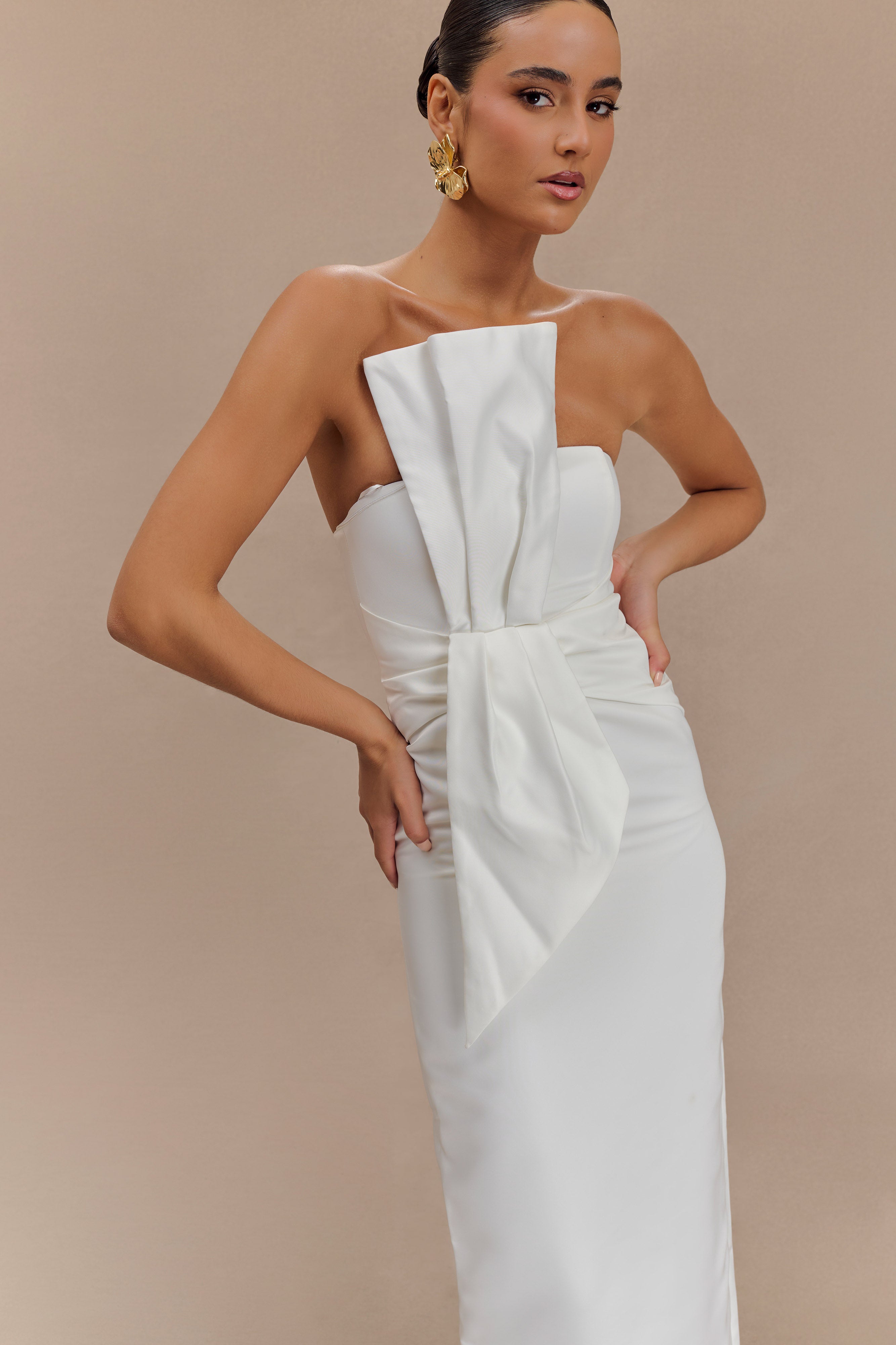Cyrill Strapless Satin Structured Maxi Dress - White
