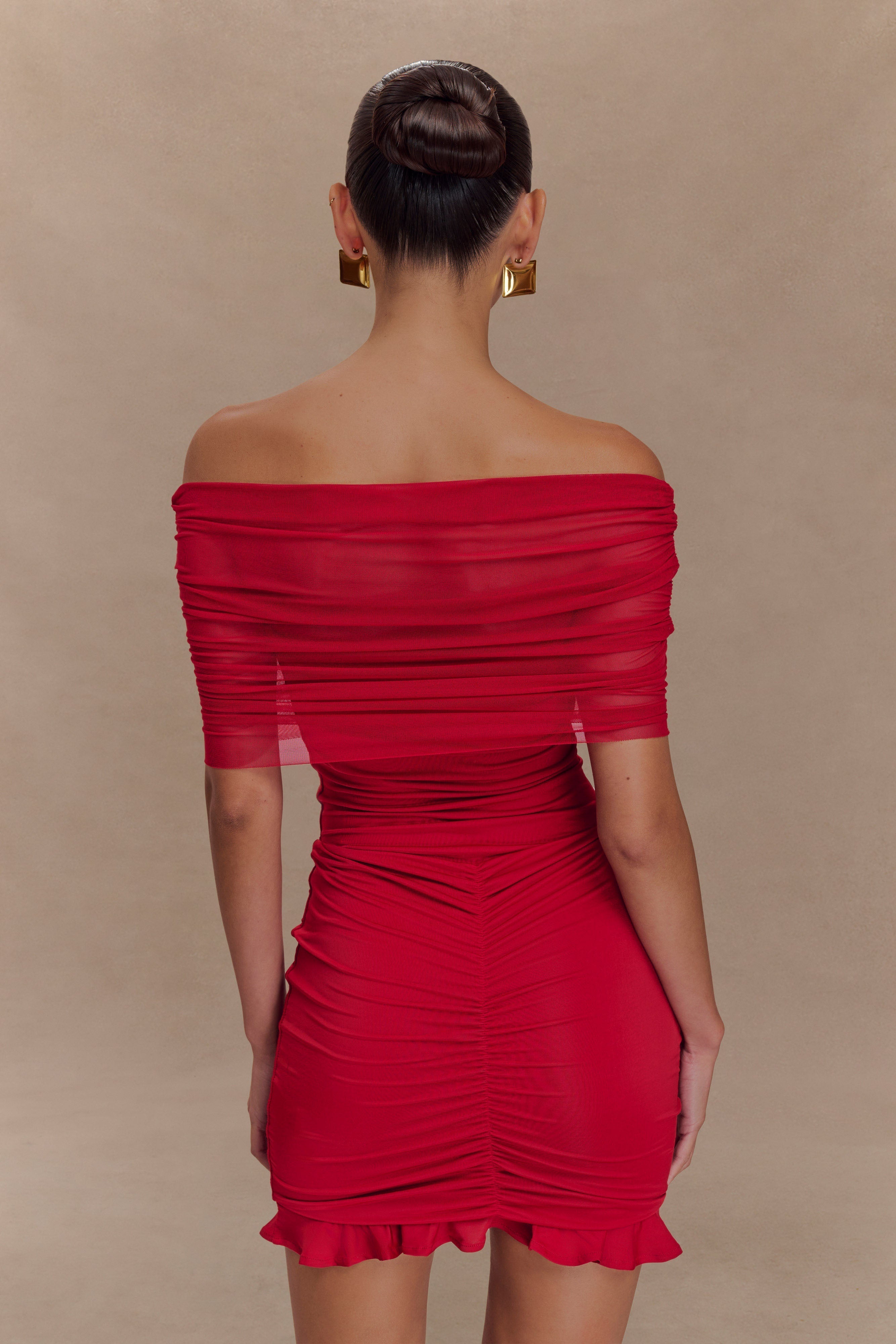 Caspian Slinky And Mesh Off Shoulder Mini Dress - Ruby