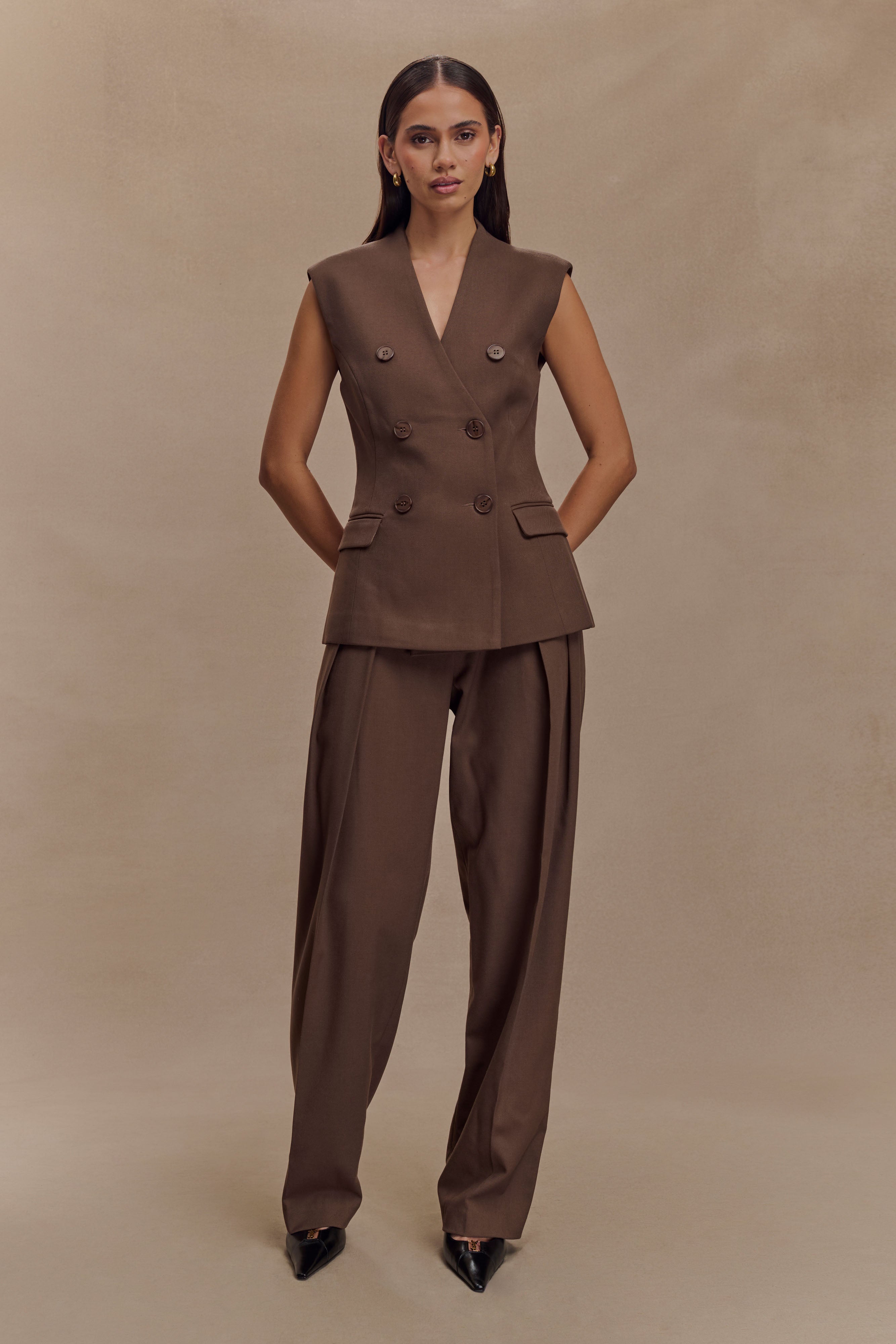 Penelope Pleated High Waisted Pants - Chocolate