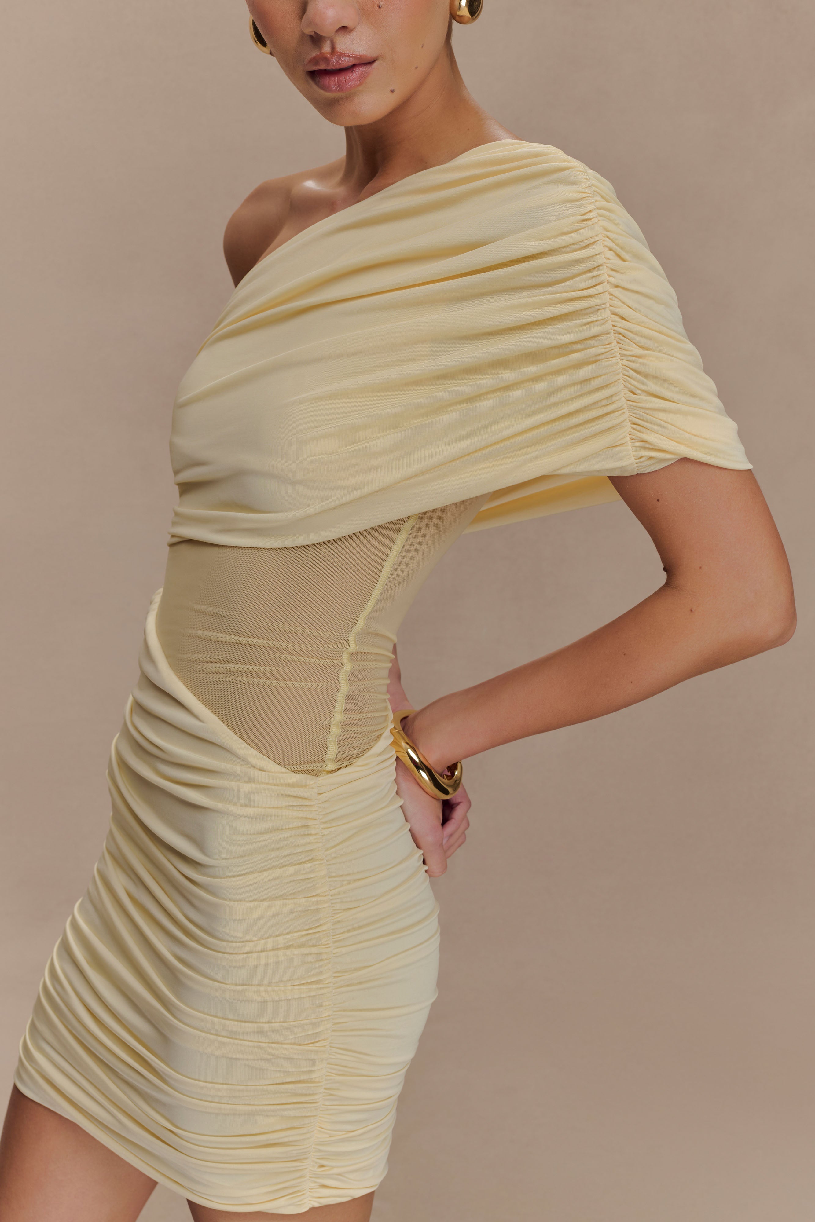 Dallas One Shoulder Mesh Mini Dress - Lemon